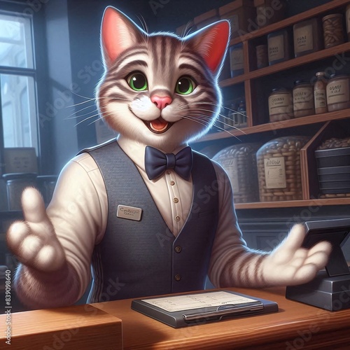 antropomorphic cat in a suite, seller, cashier, casual style, illustration photo