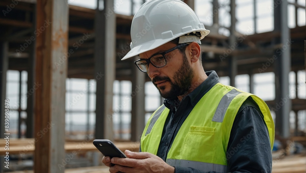Construction engineer using mobile smart phone on site during inspection Construction engineer using mobile smart phone on site during inspection