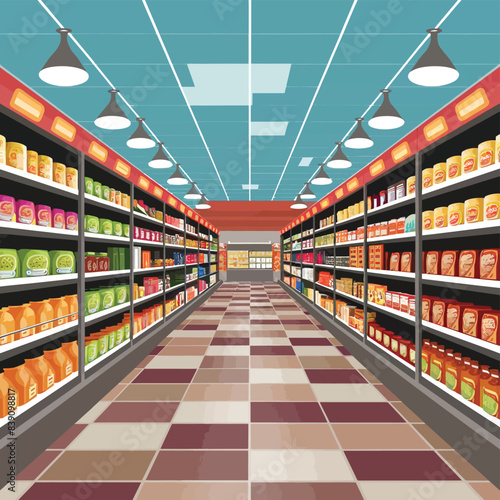 Aisle in grocery store and shelves with food vector background. Supermarket interior background perspective view. Merchandise in hypermarket with display shelf full of products to buy