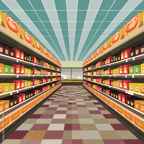 Aisle in grocery store and shelves with food vector background. Supermarket interior background perspective view. Merchandise in hypermarket with display shelf full of products to buy
