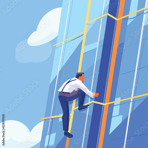 Businessman climbing outside modern building using rope. Man shirt tie performing daredevil stunt, urban background. Cartoon style corporate climber balancing rope, sky office windows backdrop