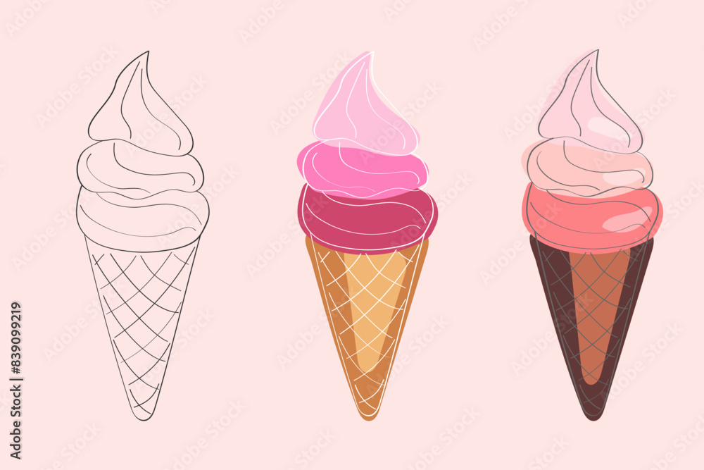 This image features a line art illustration of three ice cream cones. The cones are shown in different stages of completion, with one cone outlined in black, one partially colored, and one fully color This image features a line art illustration of three ice cream cones. The cones are shown in different stages of completion, with one cone outlined in black, one partially colored, and one fully color