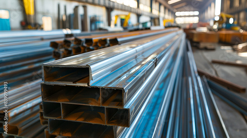 Rusty square shaped metal profile at construction site, selective focus, iron or steel plates stacked in heavy industry, Metal profile of the pipe lies on the shelves in the workshop
