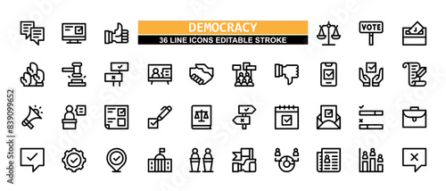 36 Democracy Line Icons Set Pack Editable Stroke Vector Illustration.