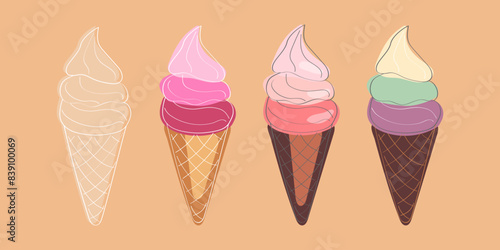 This image depicts four colorful ice cream cones, each with a different flavor combination, on a warm orange background