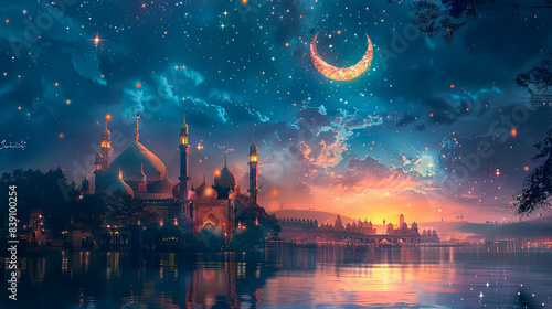 Create a digital painting of a traditional Eid scene with a beautifully decorated crescent moon hovering above, surrounded by twinkling stars. photo