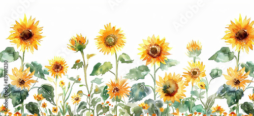 Cute cartoon sunflowers and green grass, simple watercolor clip art, pastel colors, low contrast, isolated on a white background

