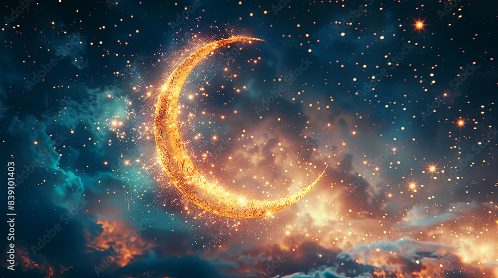 Create an abstract representation of the Eid moon composed of shimmering stars and celestial hues, evoking a sense of wonder and awe. Create an abstract representation of the Eid moon composed of shimmering stars and celestial hues, evoking a sense of wonder and awe.