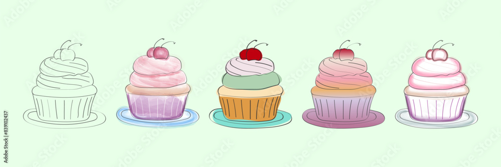 This image features five hand-drawn illustrations of cupcakes. The first cupcake is a simple outline, while the other four are rendered in various shades of pink, green, and blue. This image features five hand-drawn illustrations of cupcakes. The first cupcake is a simple outline, while the other four are rendered in various shades of pink, green, and blue.