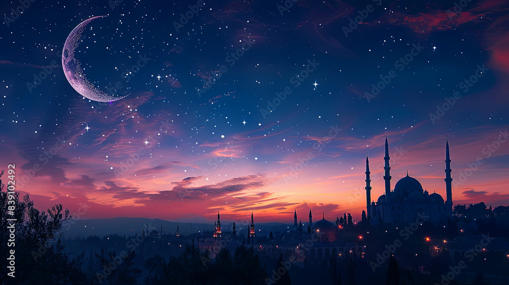 Create an image of a serene night sky with a crescent moon shining brightly, symbolizing the beginning of Eid festivities. Create an image of a serene night sky with a crescent moon shining brightly, symbolizing the beginning of Eid festivities.