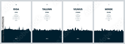 Travel vector set with city skylines Riga, Tallinn, Vilnius, Minsk detailed city skylines minimalistic graphic artwork