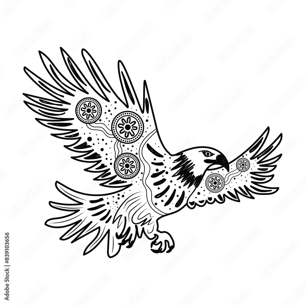 Obraz premium Flying eagle aboriginal black and white dot artwork illustration