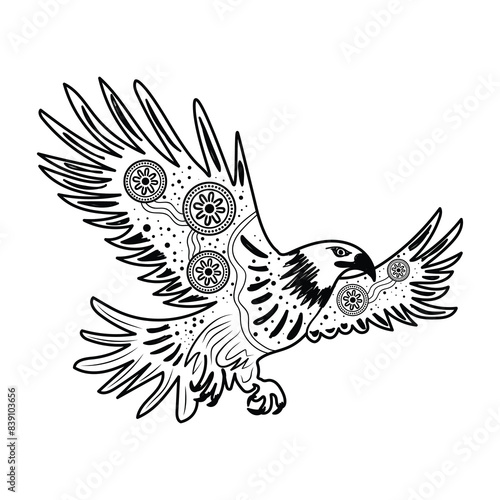 Flying eagle aboriginal black and white dot artwork illustration