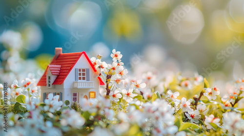 Wallpaper Mural toy house on blossom cherry flowers, spring natural background. concept of mortgage, construction, rental, family and property. eco-home. spring season. template for design Torontodigital.ca