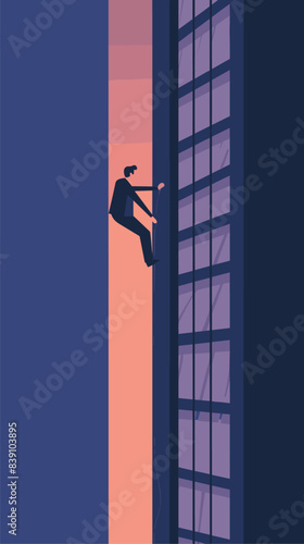 Man climbing outside skyscraper during dusk, urban explorer scaling building, extreme athlete practicing parkour high rise. Silhouetted male figure engaging risky outdoor climbing activity, city