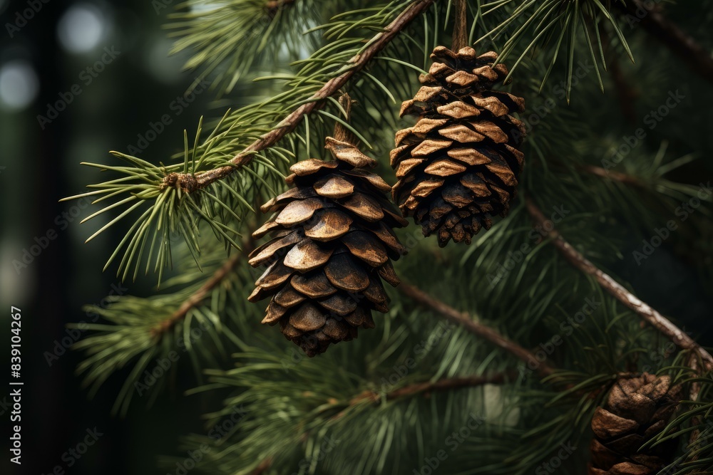 Close-up of two pine cones amidst lush evergreen needles Close-up of two pine cones amidst lush evergreen needles