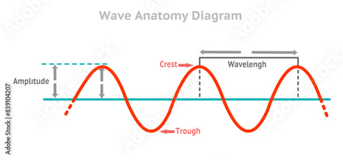 Wave anatomy diagram. Amplitude, waveform, crest, trough. Longitude, compression. laws propagation. Audio frequency, high pitch note, voltage volume. Red, blue line rhythm. Vector illustration	