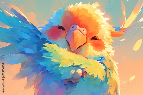 Super cute illustration of a parrot talking, vibrant colors, soft focus, detailed fur texture, happy and playful mood photo