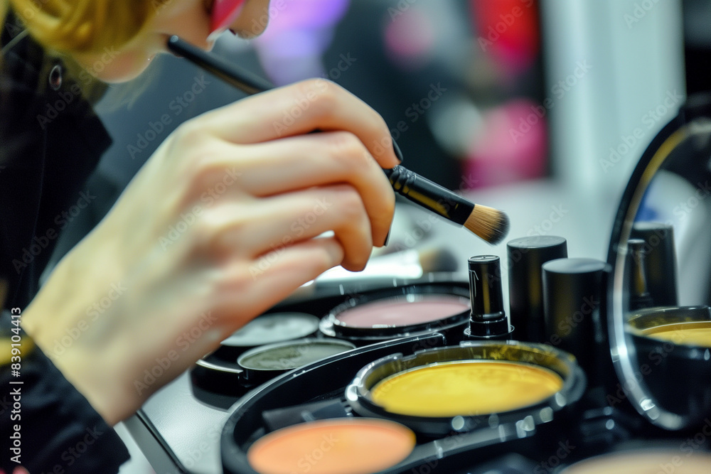A woman is applying makeup with a brush. Concept of self-care and personal grooming A woman is applying makeup with a brush. Concept of self-care and personal grooming