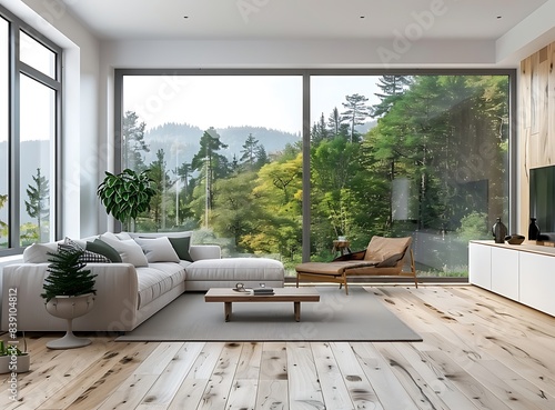 Modern living room interior with a wooden floor and white walls and ceiling  a gray sofa near a window with a view of a forest landscape  a coffee table in front of it  armchairs next to the wall  de