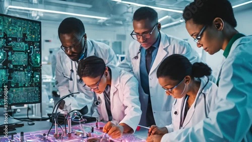 A group of varied medical professionals, gathered around a holographic representation of a circuit board