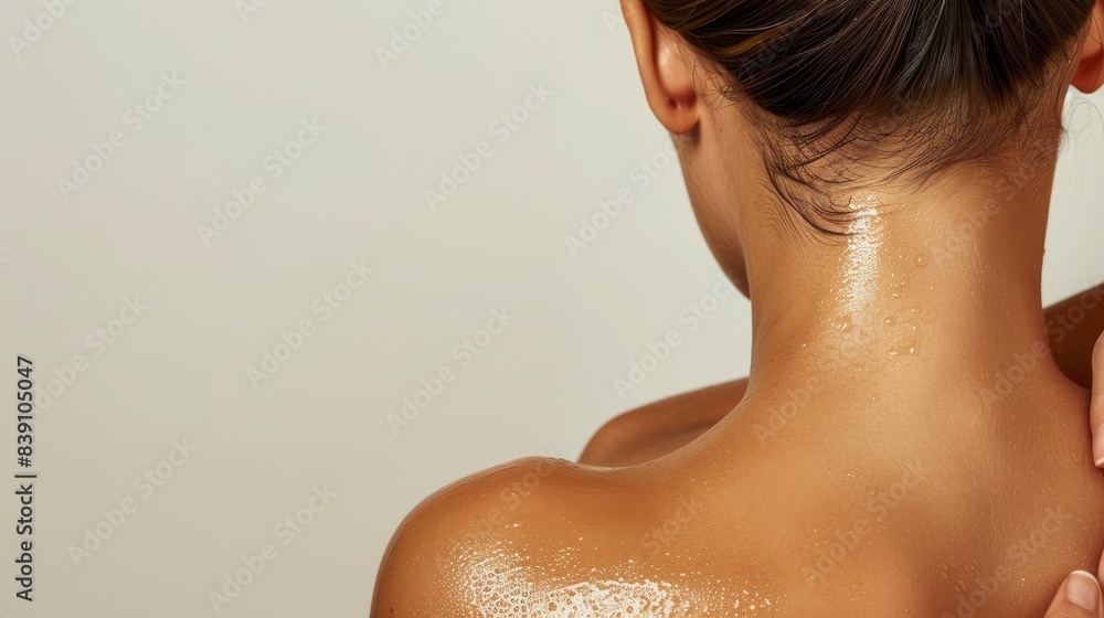 Close-up view of a womans back and shoulders as she applies moisturizer, showcasing the products ability to hydrate and illuminate the skin Close-up view of a womans back and shoulders as she applies moisturizer, showcasing the products ability to hydrate and illuminate the skin