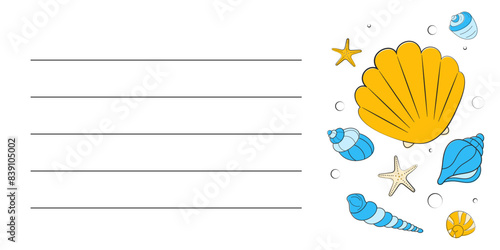 Background with marine life and empty lines in doodle style. Summer card, note, flyer, memo. Vector illustration. 