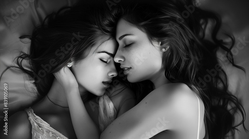 Lesbian couple in embrace on bed 