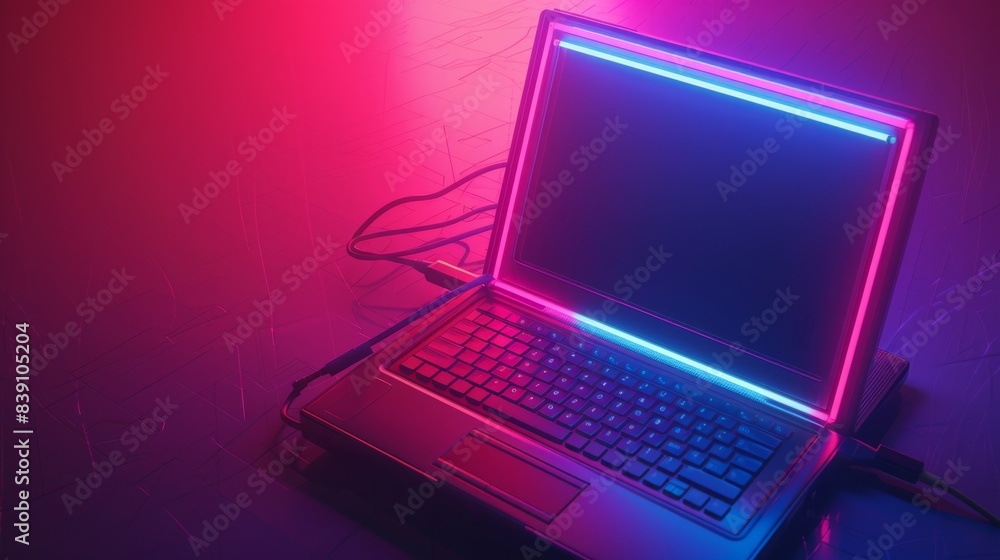 A close-up of a black laptop illuminated by bright neon lights in a dark home office. The laptop is angled slightly, showing its keyboard and screen A close-up of a black laptop illuminated by bright neon lights in a dark home office. The laptop is angled slightly, showing its keyboard and screen