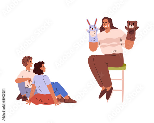 Children's puppet show with characters. Cartoon flat vector illustration.