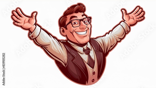  animated male character with glasses, a tie, and a friendly, enthusiastic expression. He has his arms raised in a welcoming or celebratory gesture. The character