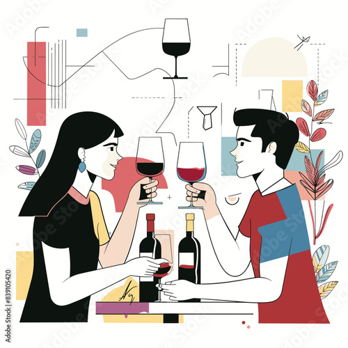 Man woman enjoying wine, seated table, couple toasting red wine glasses. Contemporary style vector illustration, people drinking, celebration concept. Warm color palette, dining scene, stylized