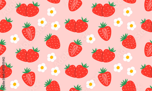 Seamless pattern with Strawberry.  Red strawberries and flowers background. Juicy summer berries. Flat Vector illustration 
