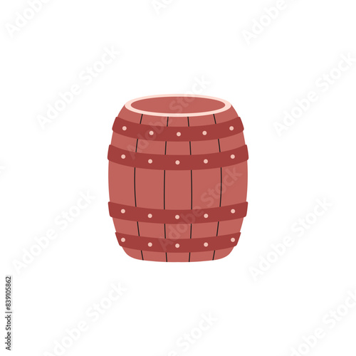 Wood barrel for wine or beer vector flat illustration, cask from oak wood with metal rings, keg bottle alcohol storage