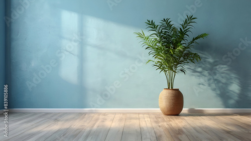 Light blue empty wall, vase with plant and wooden floor with interesting light glare.