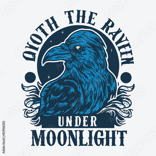 Quoth The Raven Under Moonlight T-Shirt Design. Tortured Poet Gothic Vector