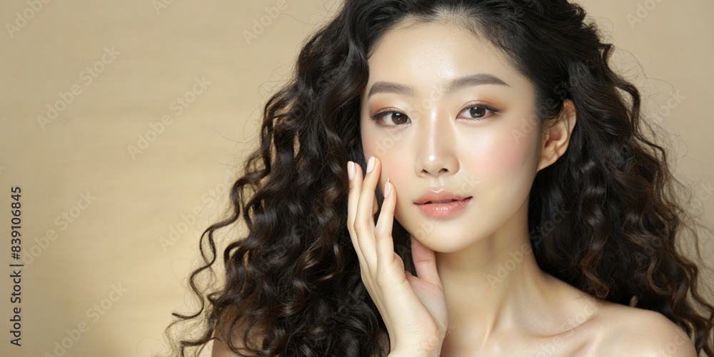 Fototapeta premium A young woman with long, curly hair and delicate features poses with her hands gently framing her face. Her makeup is subtle and fresh, with a soft, natural look. The background is a light