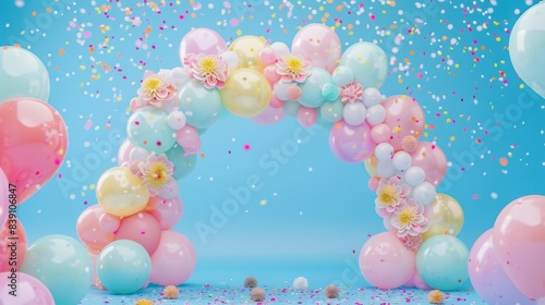 A pastel balloon arch with flowers and confetti creates a celebratory backdrop for a birthday party