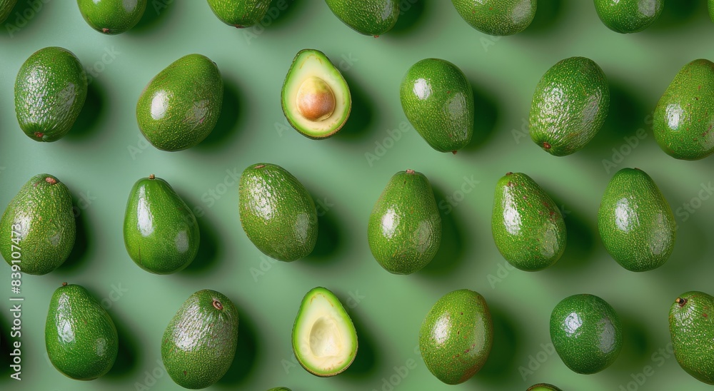 Whole and Halved Avocados Arranged on a Green Surface Whole and Halved Avocados Arranged on a Green Surface