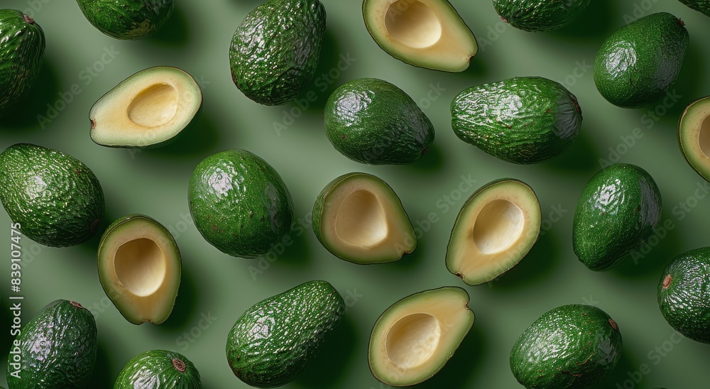 Freshly Sliced Avocados With Basil Leaves on a Green Background Freshly Sliced Avocados With Basil Leaves on a Green Background