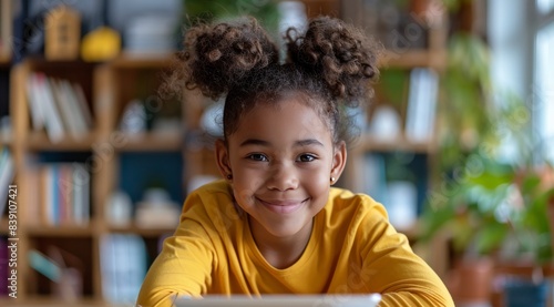 Smiling Young Girl With Curly Hair in Yellow Shirt Indoors
