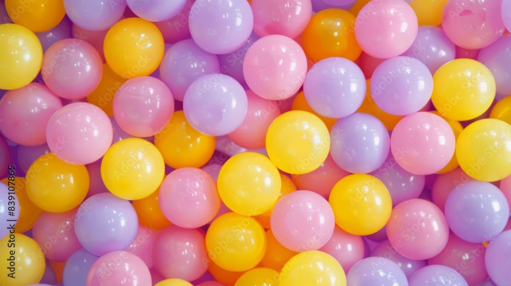 A close-up image of a ball pit filled with bright purple, pink, yellow, and mint green plastic balls A close-up image of a ball pit filled with bright purple, pink, yellow, and mint green plastic balls