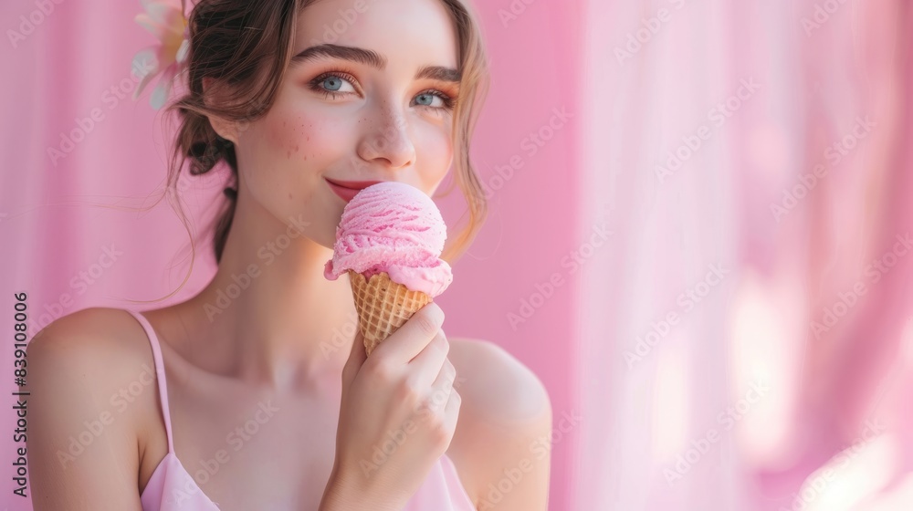 A young woman with long brown hair is wearing a pink dress and holding a pink ice cream cone. She is standing in front of a blurred pink background A young woman with long brown hair is wearing a pink dress and holding a pink ice cream cone. She is standing in front of a blurred pink background