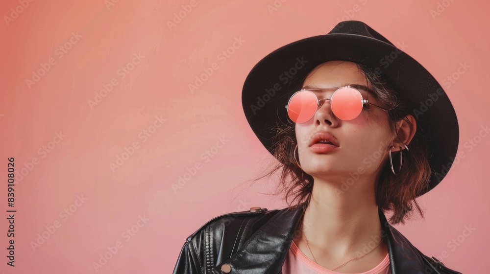 A young woman with short hair poses in front of a pastel peach background, wearing holographic sunglasses, a black leather cowboy hat, and a black leather jacket A young woman with short hair poses in front of a pastel peach background, wearing holographic sunglasses, a black leather cowboy hat, and a black leather jacket