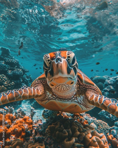 Sea Turtle Swimming Through Coral Reef