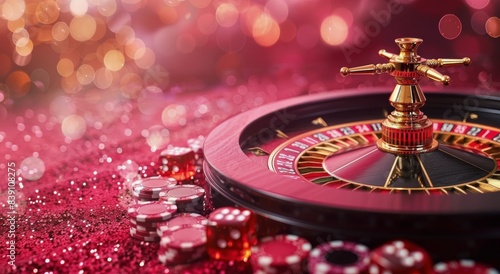 Close Up Of A Roulette Wheel With Chips And Dice On A Red Surface