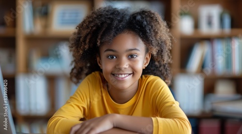 Smiling Young Girl With Curly Hair in Yellow Shirt Indoors