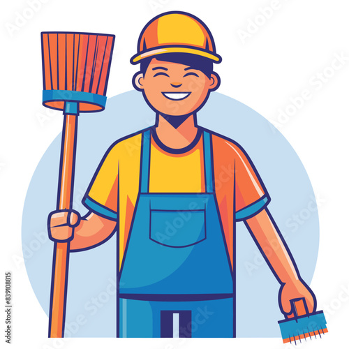 Happy male janitor cartoon holding broom brush, wearing yellow shirt, blue overalls, hard hat. Professional cleaner uniform ready housekeeping. Janitorial services, cleaning equipment concept