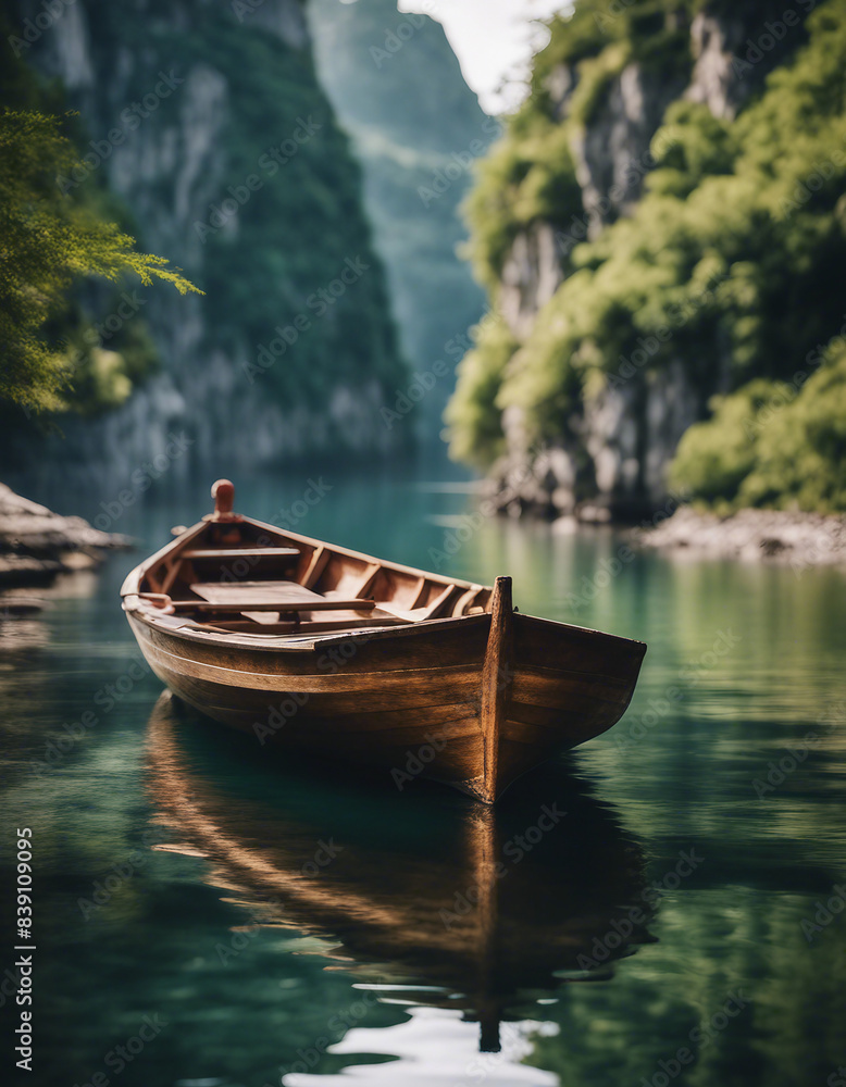 wood humble boat in calm waters, surrounded by towering cliffs and lush vegetation
