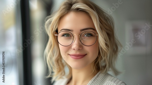 AI generated illustration of a woman in glasses by a window gazes forward